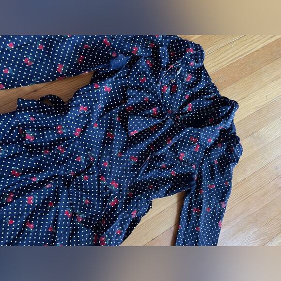 70s Vintage Straberry And Swiss Dot Long Sleeve Prairie Dress with Peplum Waist - Picture 10 of 12